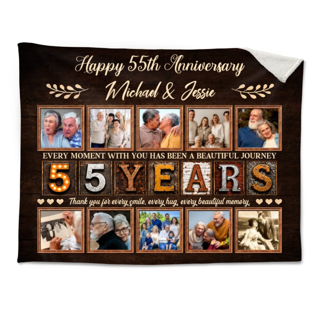 Personalized 55th Anniversary Photo Collage Blanket, Custom 55 Years Together Gift, Emerald Wedding Anniversary Blanket, Couple Memory Keepsake