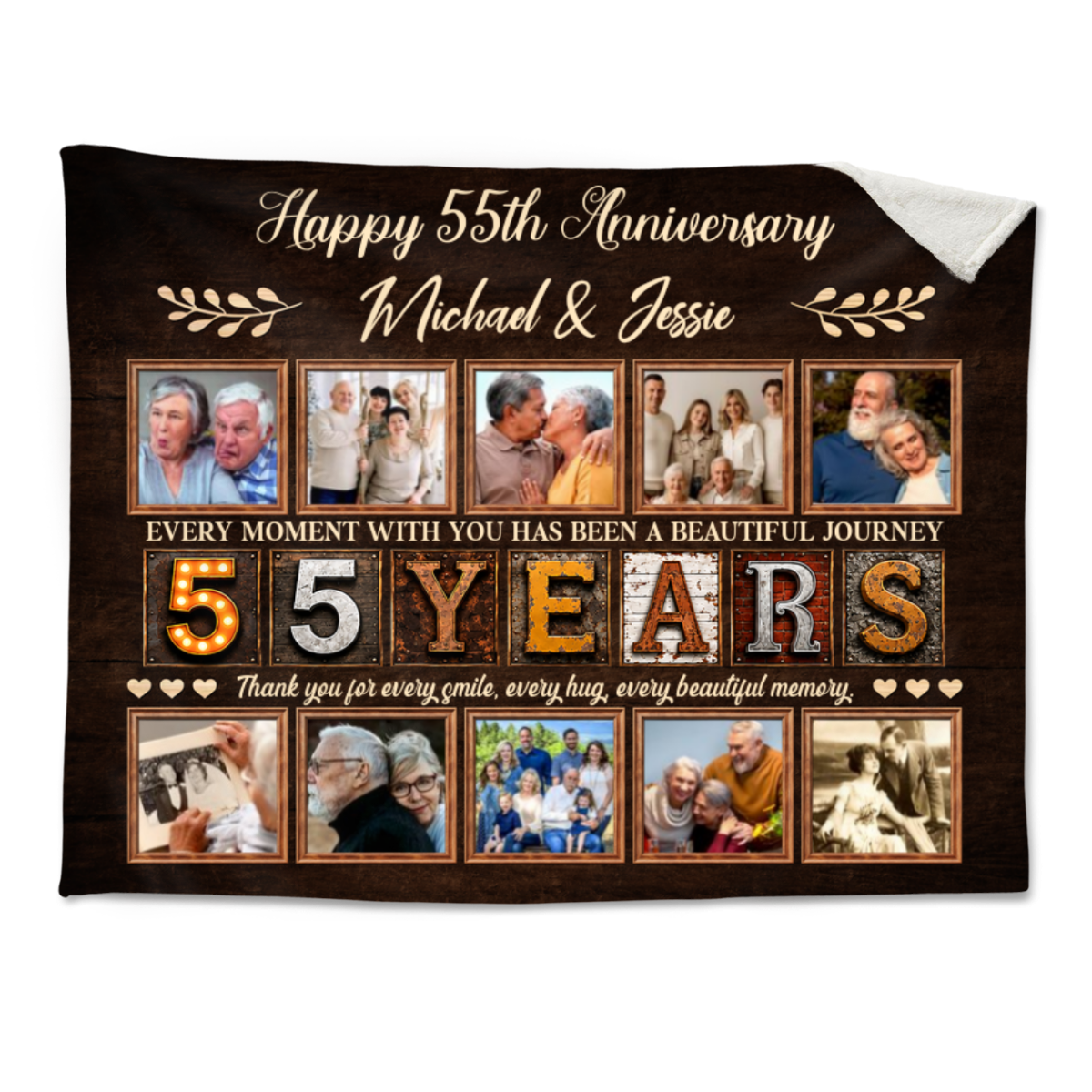 Personalized 55th Anniversary Photo Collage Blanket, Custom 55 Years Together Gift, Emerald Wedding Anniversary Blanket, Couple Memory Keepsake