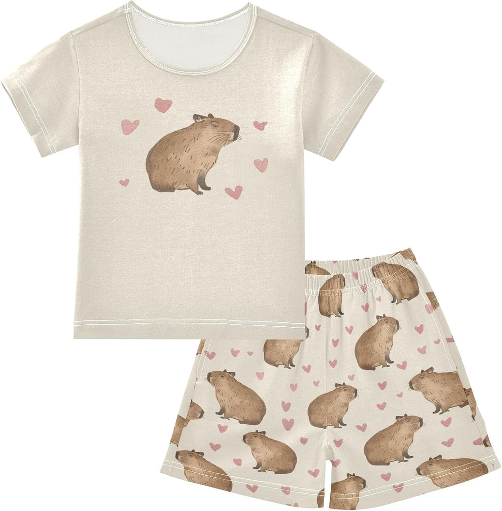 Capybara with Pink Hearts Summer Cute Pajama Sets, Short Sets for Sleep Wears