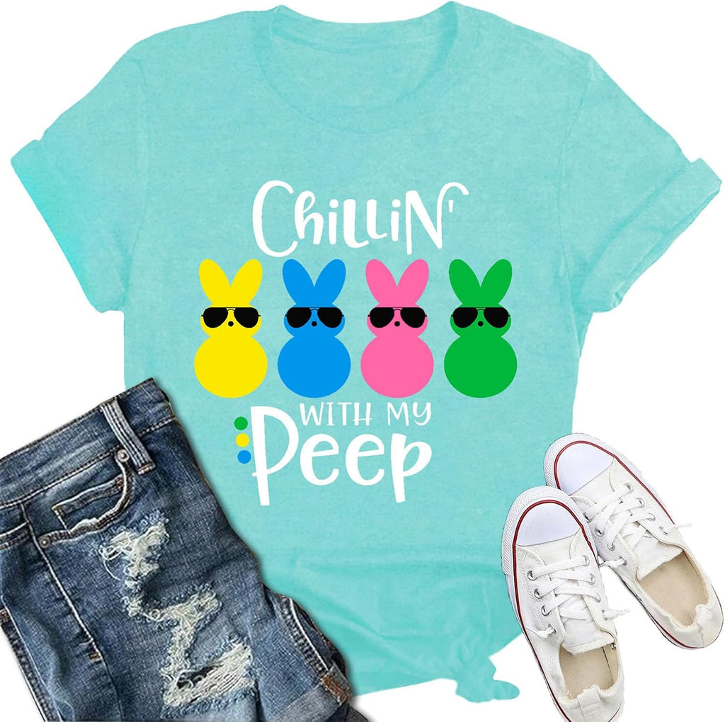Easter Shirts for Women Chilling with My Peeps Print T-Shirt Funny Bunny Rabbit Happy Easter Tee Tops