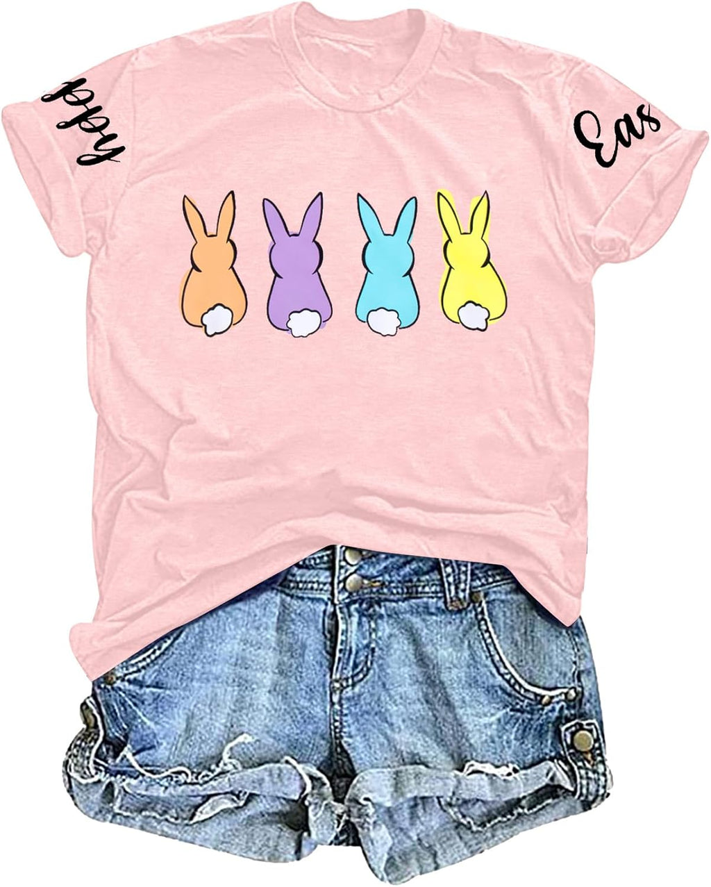 VILOVE Easter Shirt Women Cute Bunny Graphic Tee Happy Easter Letter Printed Tshirts Casual Short Sleeve Easter Gift Tops