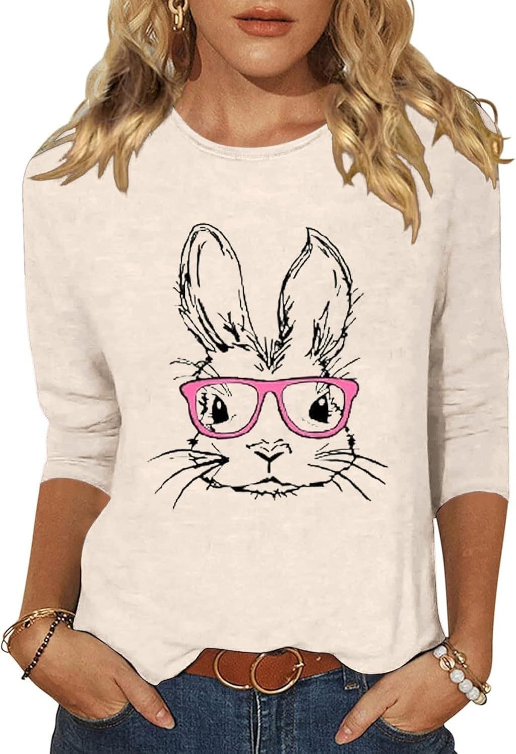 Easter Day 3/4 Sleeve Shirts for Women Cute Easter Graphic Tee Colorful Spring Casual Blouses Tops