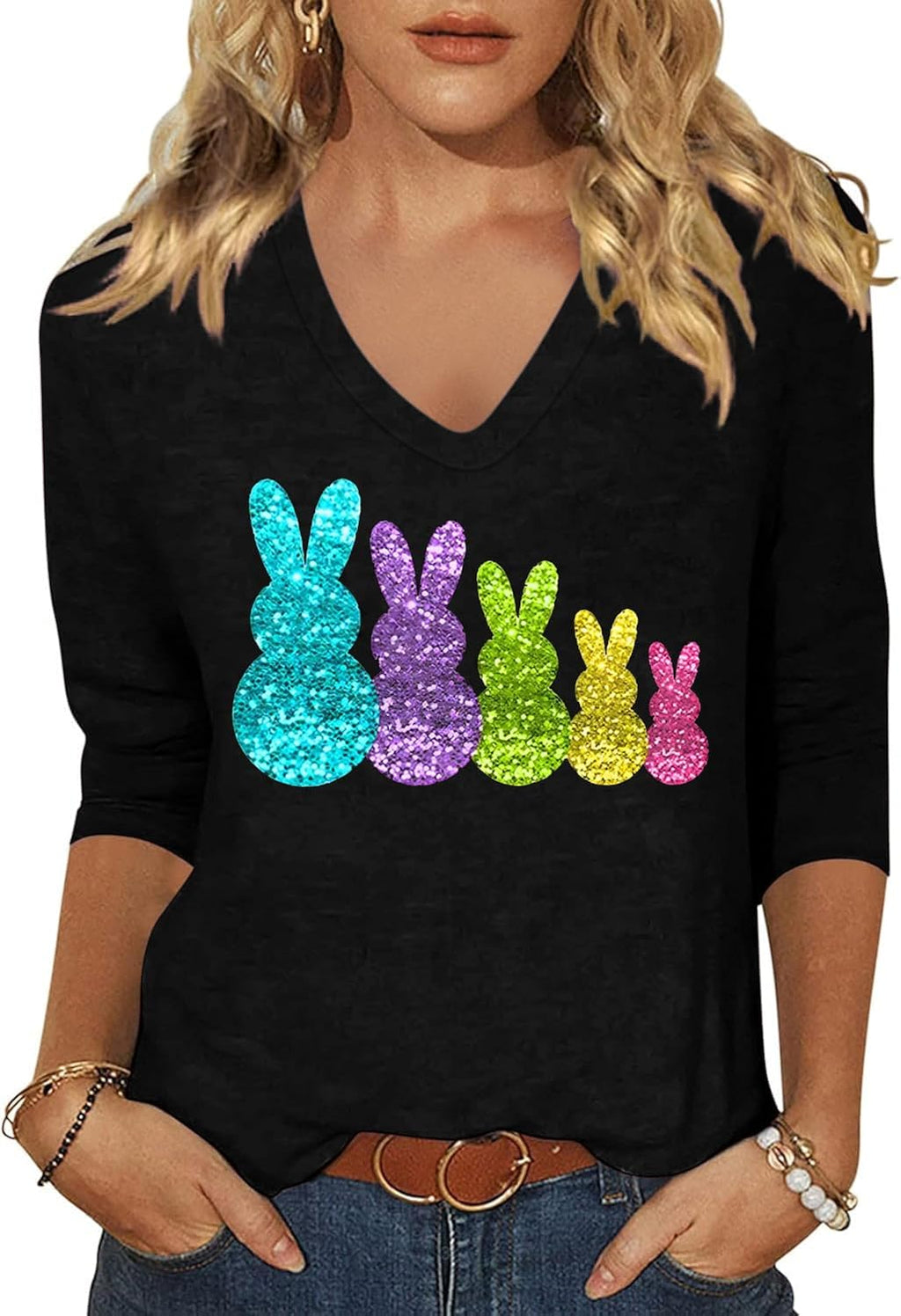 Women Spring Easter Funny Bunny Graphic 3/4 V Neck Shirt Happy Easter Egg Tops Rabbit Family Holiday Tee
