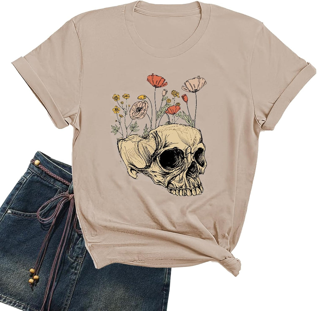 Women Funny Shirts Novelty Skull Graphic Tees Vintage Skeleton Tshirt Casual Gothic Short Sleeve Holiday Tops