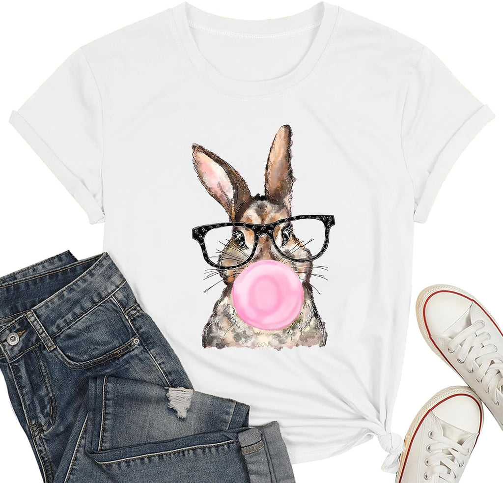 Easter Shirt for Women Funny Cute Bunny Wearing Glasses Leopard Tshirt Happy Easter Rabbit Lover Shirt Holiday Tee Top
