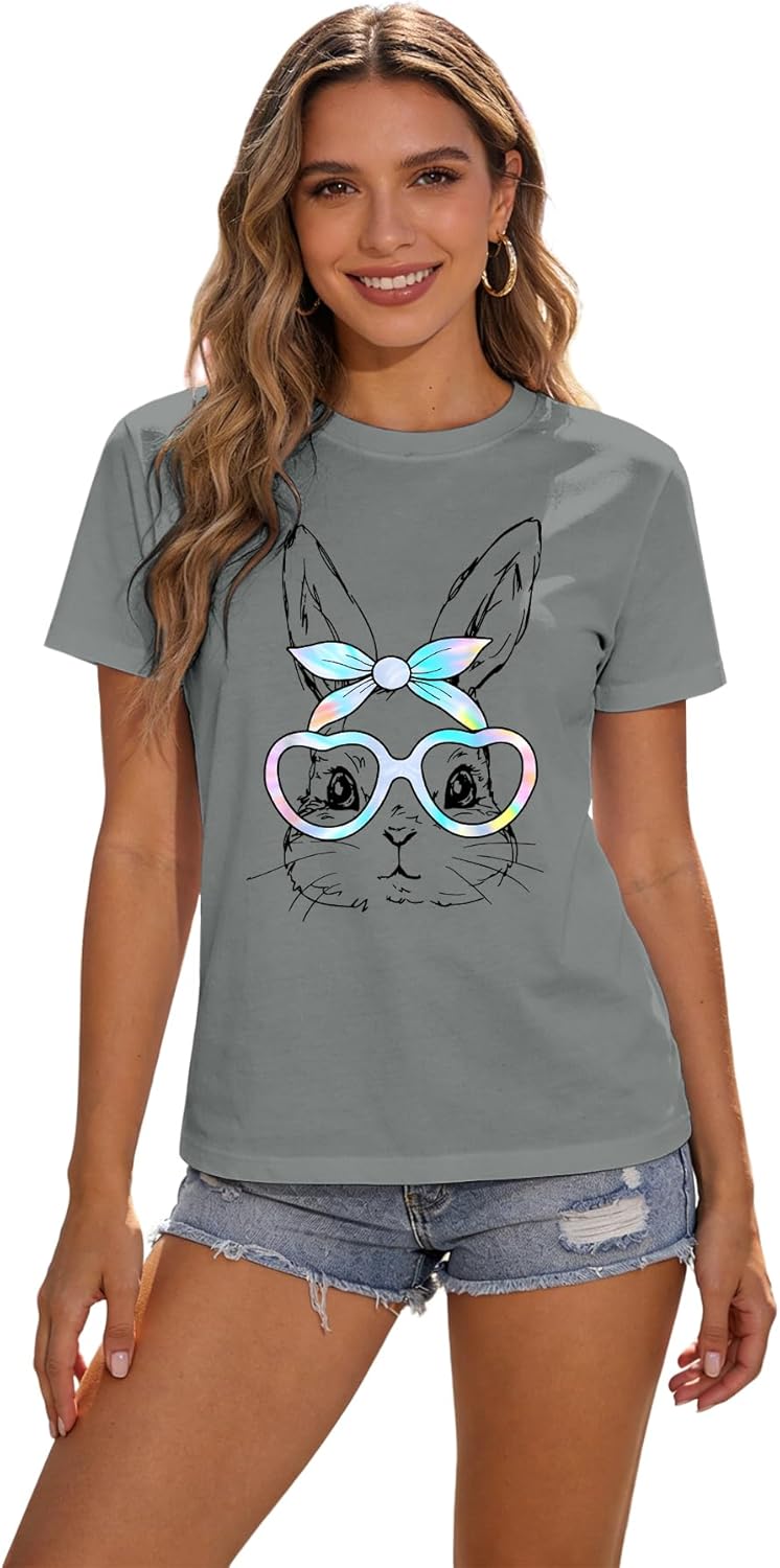 Easter Shirts for Women He is Risen Jesus Christian T-Shirt Short Sleeve Bunny Glasses Print Tee Tops