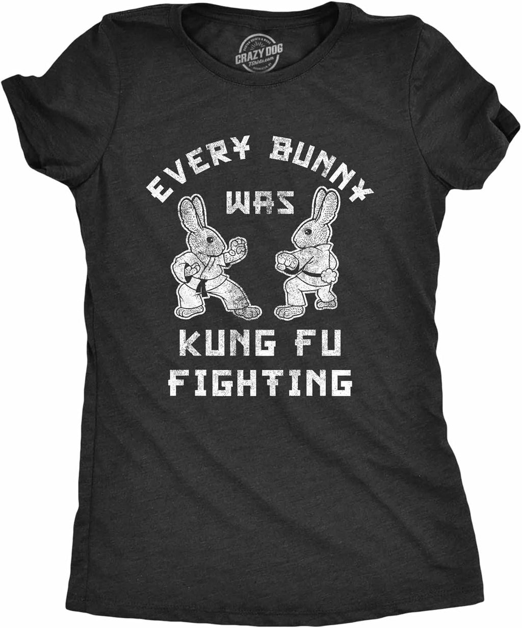 Funny Easter Bunny T-Shirt for Women – Every Bunny was Kung Fu Fighting Graphic Tee – Cute Spring Novelty Shirt for Easter - Black XL