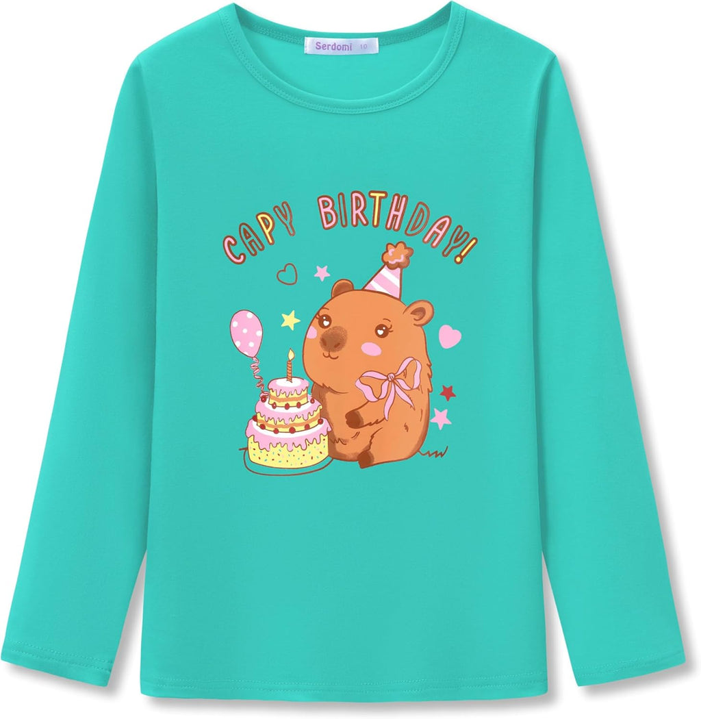 Girls Long Sleeve T-Shirt - Soft Tops Pink Cute Cat Graphic Tee Size 6-14