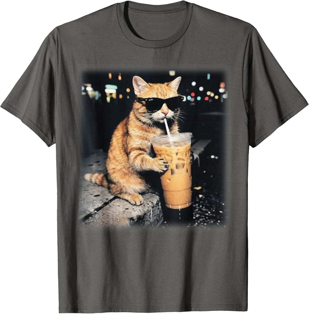 Funny Cat Drinking Coffee Funny Animal Tee