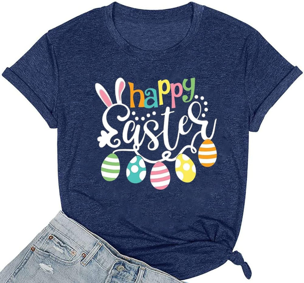 Easter Shirt for Women Happy Easter Egg Tee Cute Bunny Rabbit Graphic Funny Letter Print Casual Short Sleeves Tee Tops