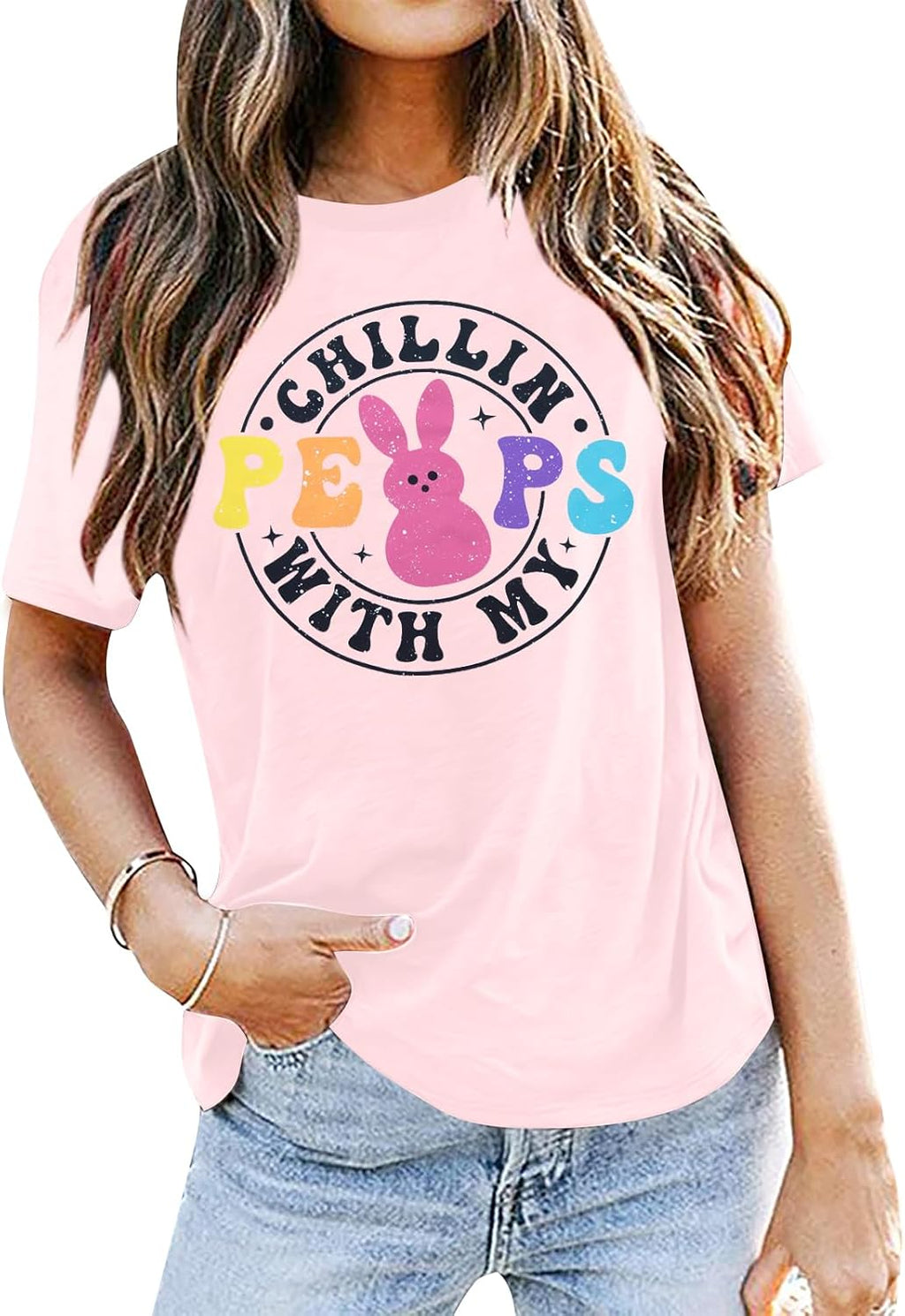 Happy Easter Shirts Bunny Outfits: Chillin with My Peeps Top Easter Graphics Short Sleeve Tops