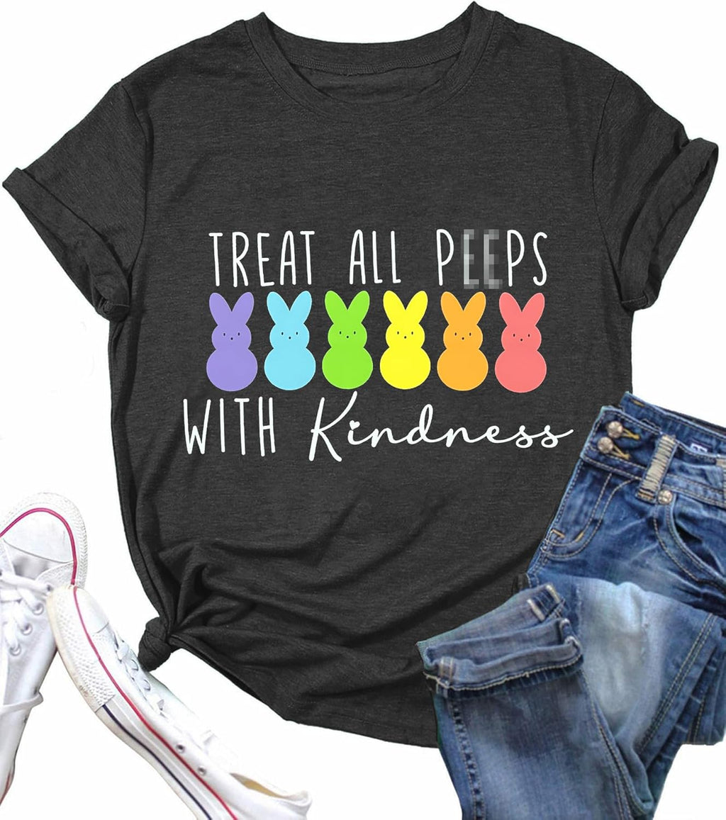 Easter Teacher Shirts for Women Treat All Peep with Kindness T-Shirt Short Sleeve Teacher Bunny Tee Tops