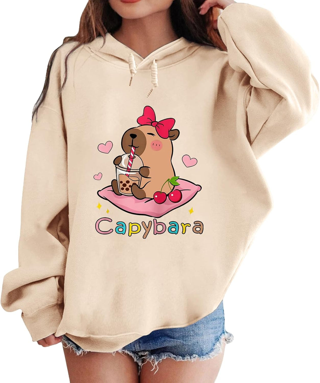 Cute Capybara Graphic Hoodies for Teen Girls Kawaii Cartoon Printed Hoodie Anime Hooded Sweatshirt Fleece Pullover