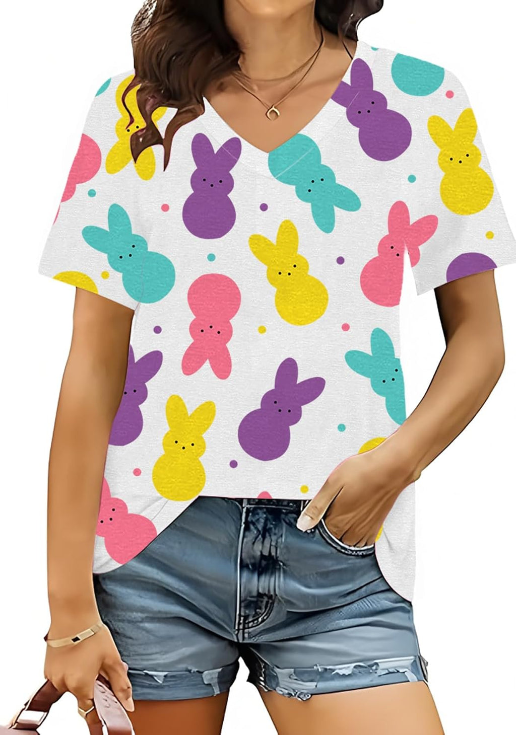 Easter Shirts for Women V Neck Happy Bunny Tshirt Cute Easter Rabbit Eggs Graphic Tee Spring Colorful Tops