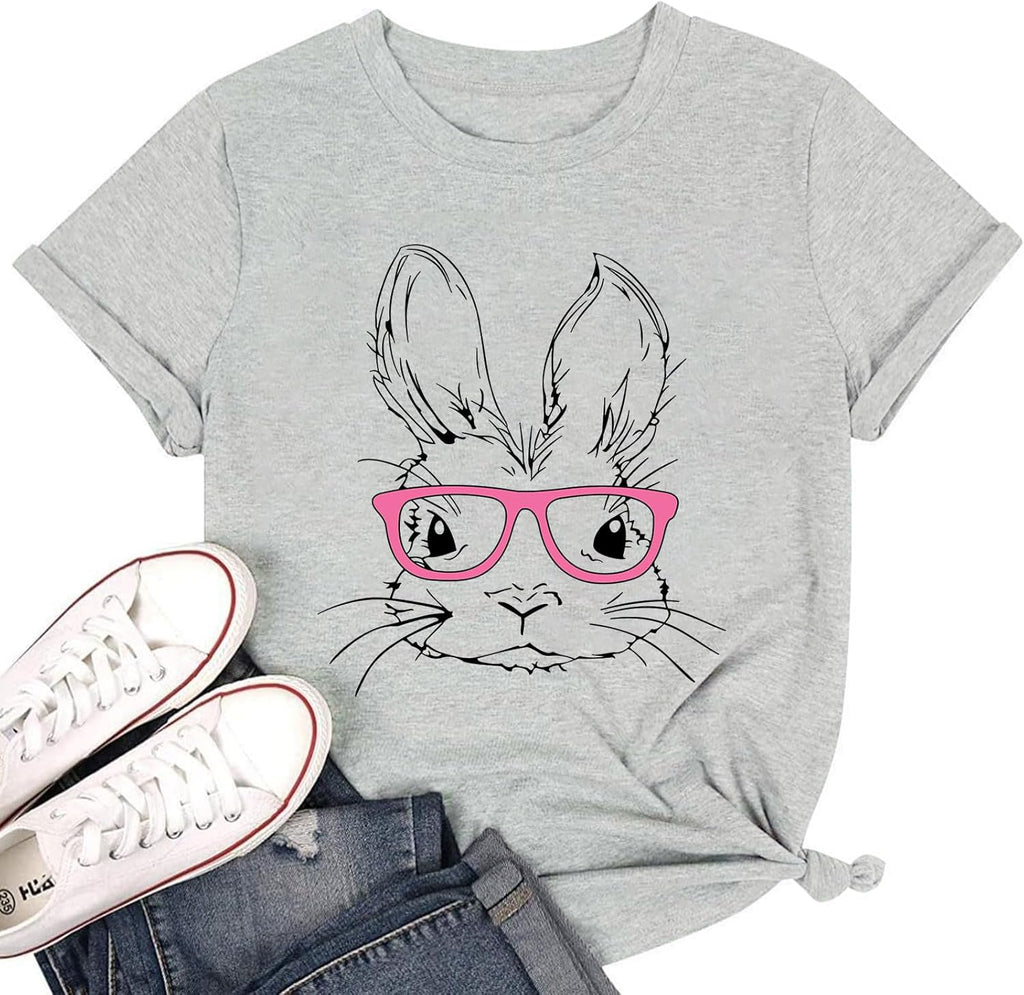 Happy Easter Shirts for Women Funny Bunny Print T-Shirt Short Sleeve Rabbit Graphic Tees Tops