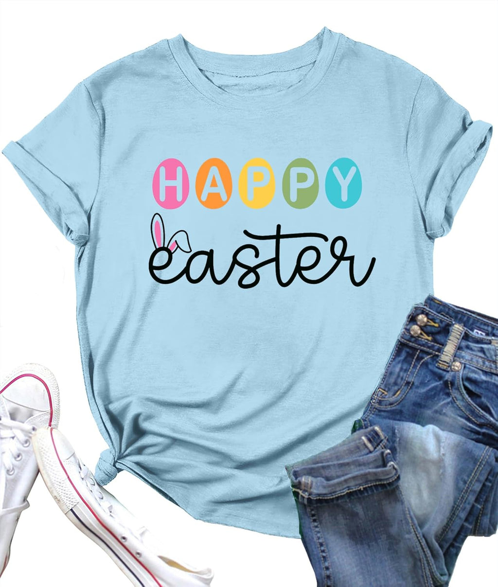 Happy Easter Shirts for Women: Easter Bunny Tshirt Funny Easter Letter Print Casual Short Sleeve Tops