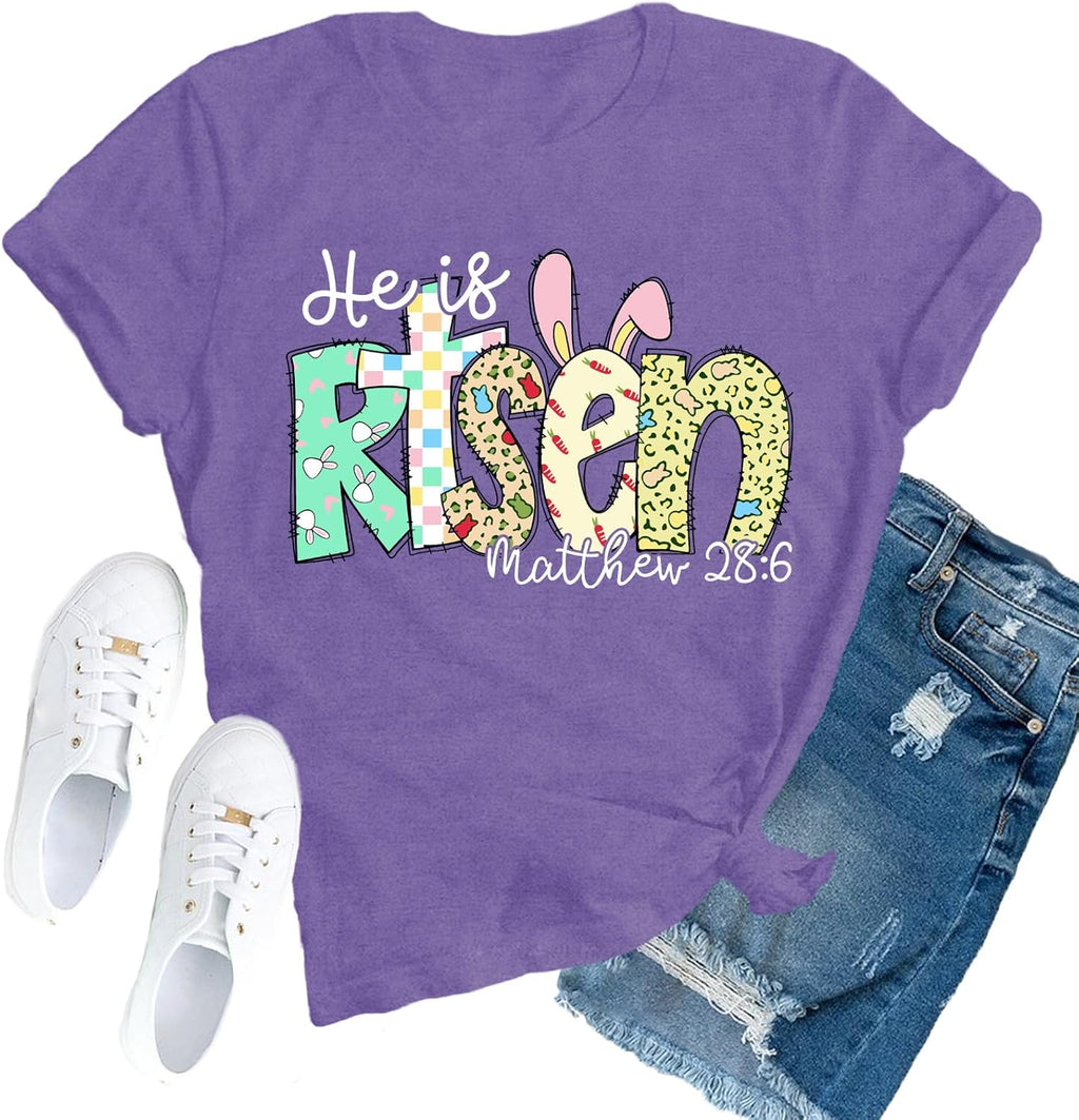 Easter Shirts for Women Christian Easter Bunny T-Shirt He is Risen Matthew 28:6 Tee Top