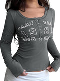 Women Long Sleeve Shirts Henley T-Shirts Ribbed Graphic Crop Tops Cute Tee Going Out