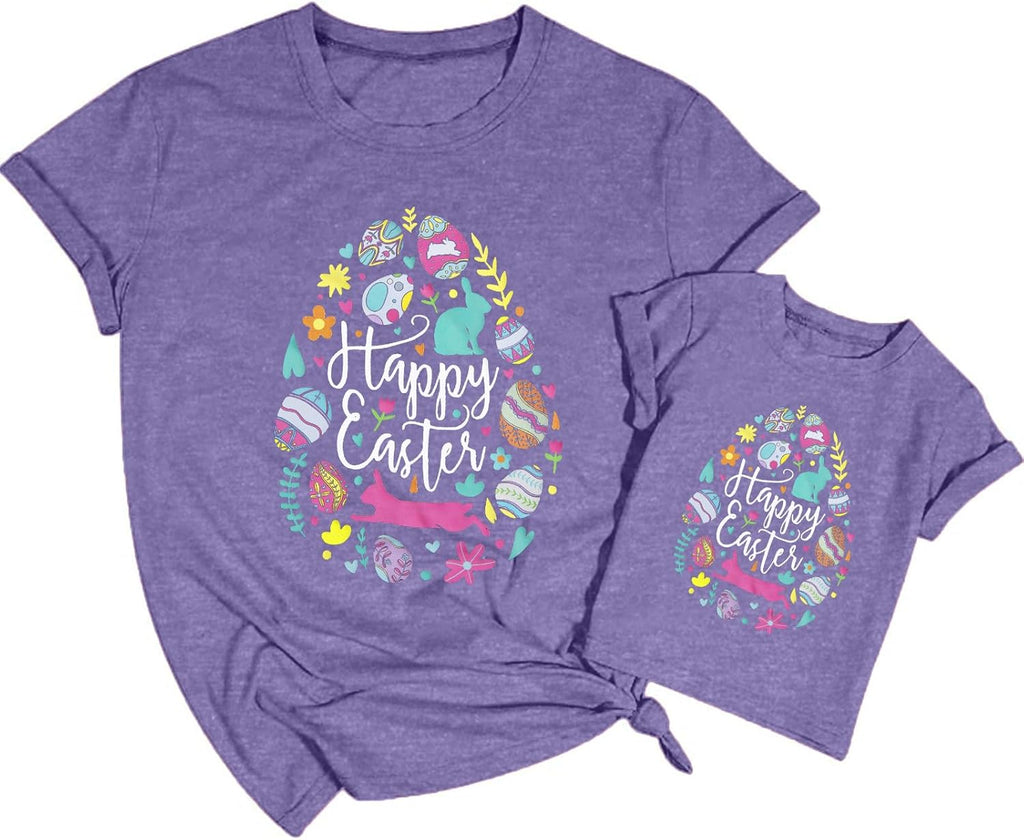 Mommy and Me Easter Outfits Happy Easter Egg Graphic Shirt Cute Easter Bunny Tees Easter Day Mama Kids Family Matching Shirt
