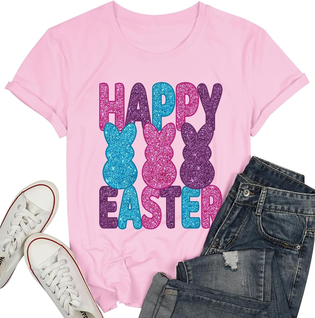 Easter Shirts for Women Cute Bunny Eggs Plaid Leopard Printed Shirt Easter Holiday Graphic Tee Tops