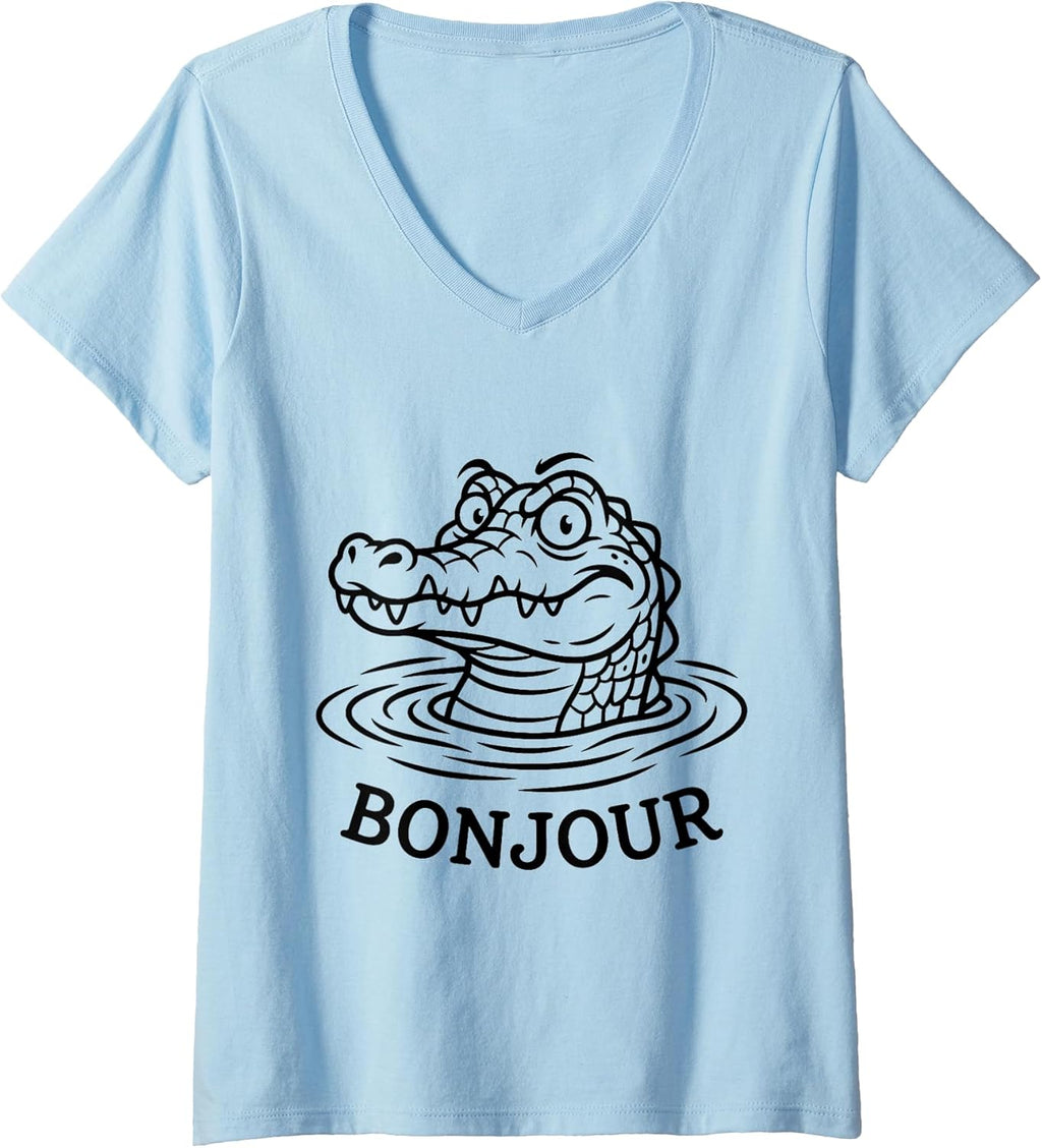 Women's Funny Alligators Croc - Crocodiles Gator Bonjour Meme V-Neck T-Shirt