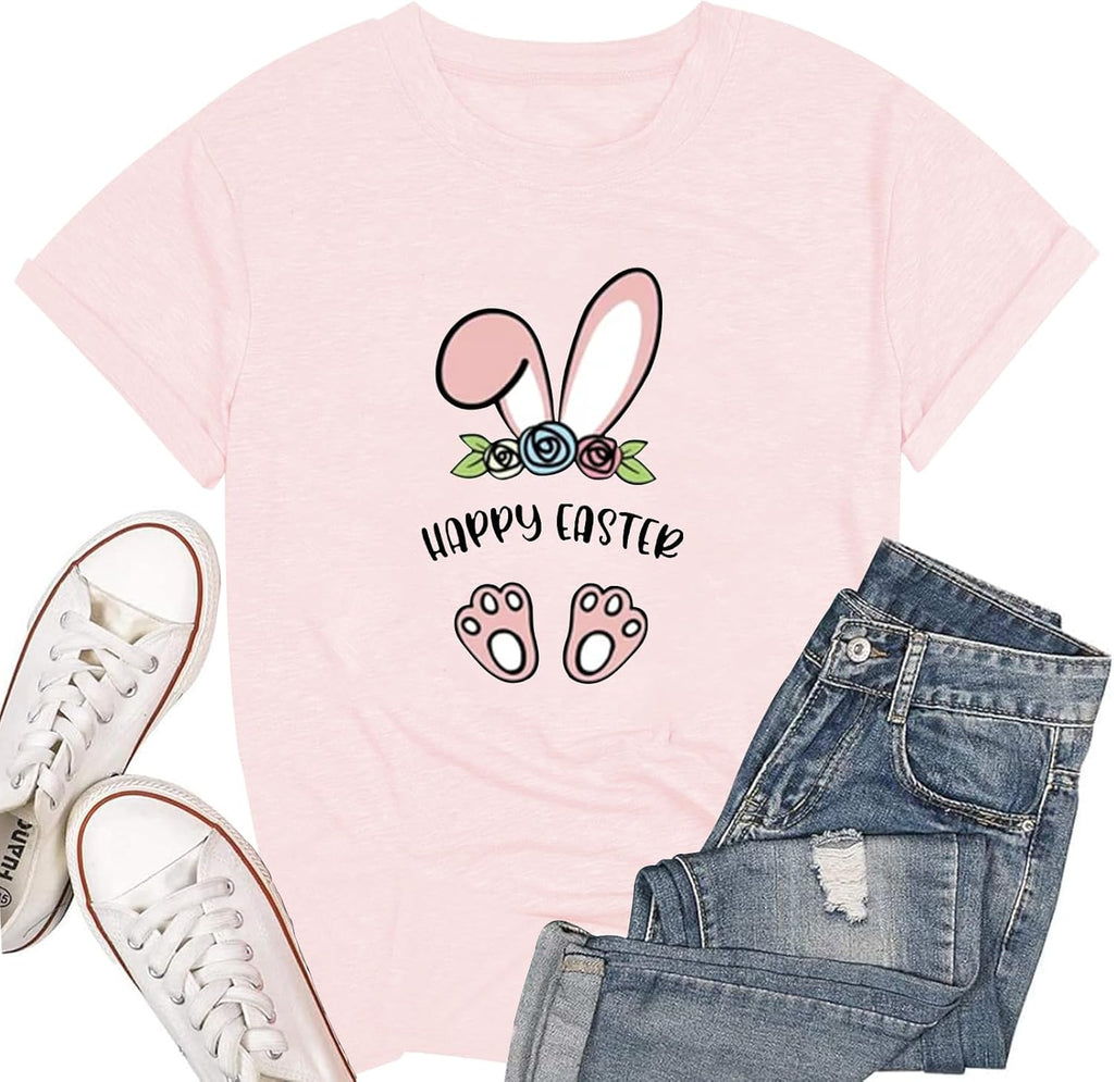 Teacher Bunny Shirts for Women Easter T Shirts Funny Rabbit Graphic Tees Teacher Casual Short Sleeve Top