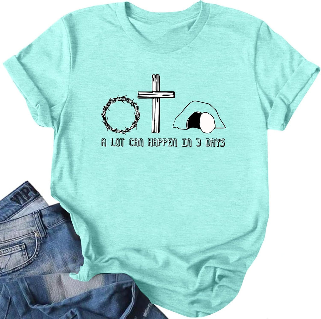 NTSWZYS Easter Shirts for Women Cute Floral Bunny Easter Tee He is Risen Christian Tshirt Jesus Short Sleeve Tops