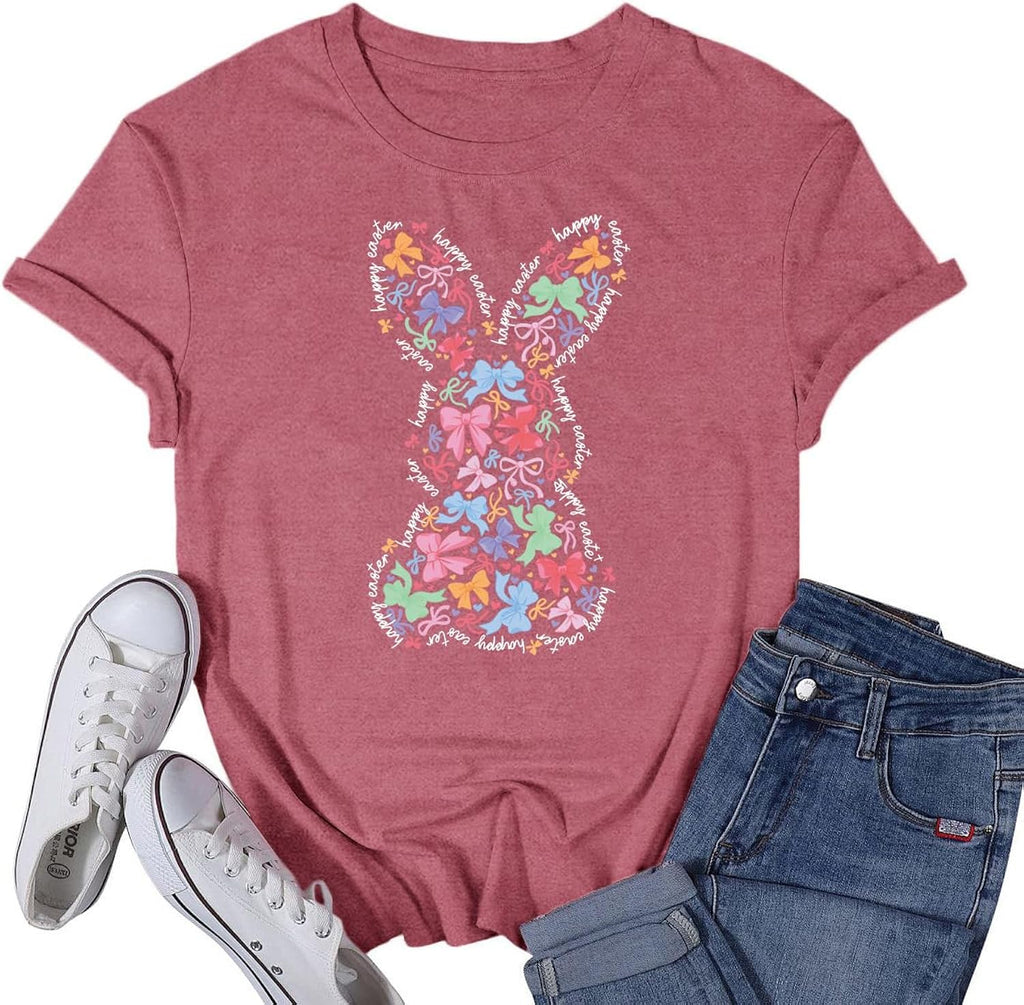 Women's Happy Easter Shirt Easter Day Bunny Bow T-Shirts Christian Rabbit Jesus Tee Tops