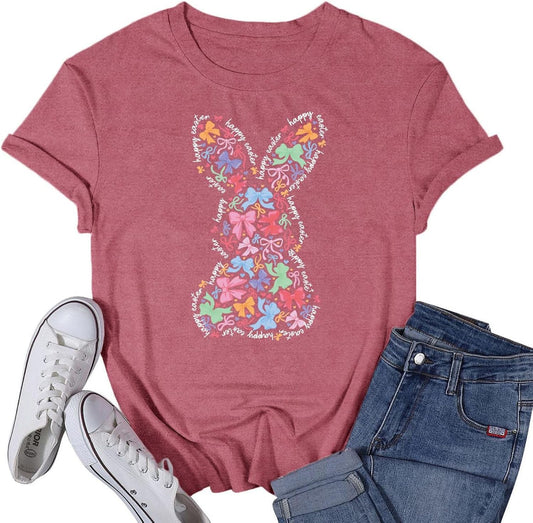 Women's Happy Easter Shirt Easter Day Bunny Bow T-Shirts Christian Rabbit Jesus Tee Tops