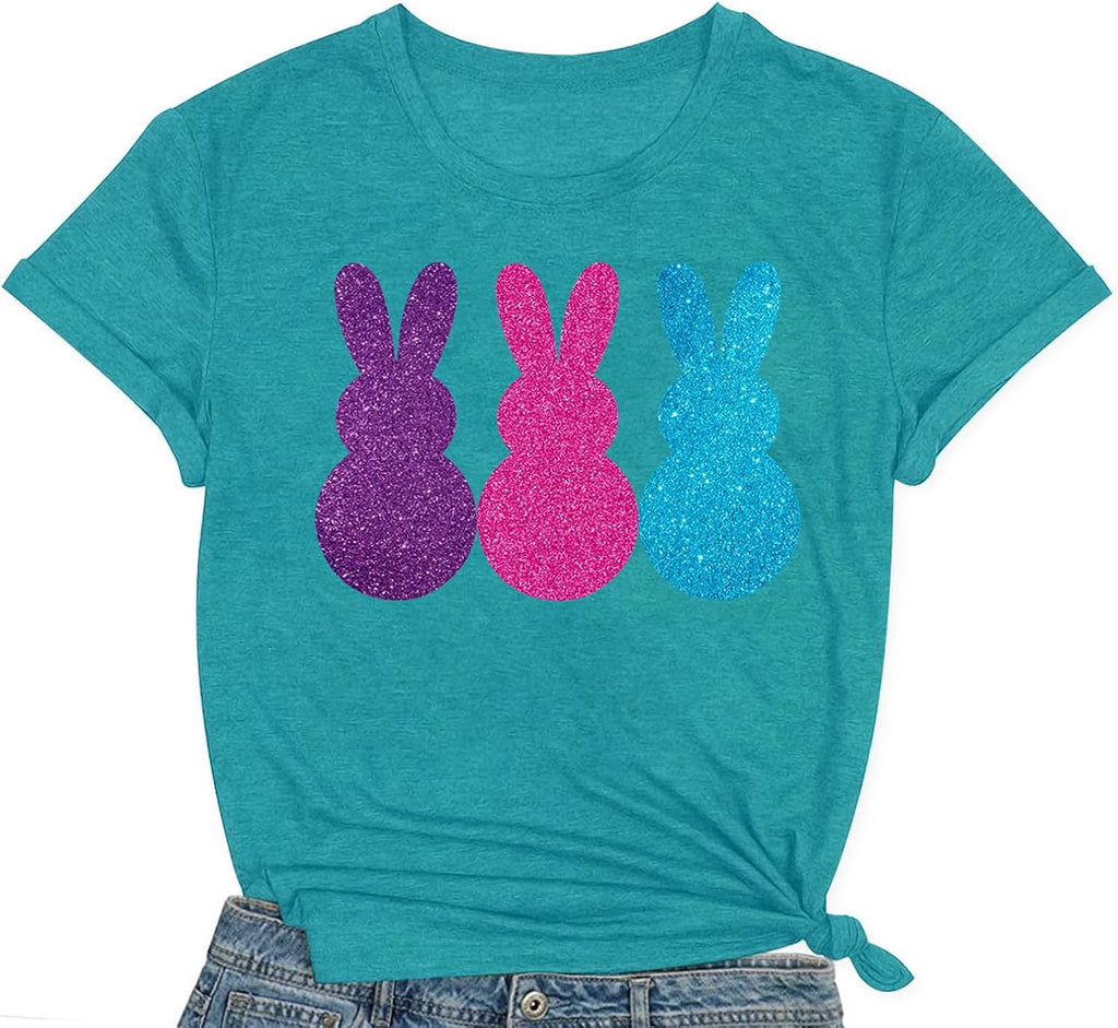 Easter Shirts for Women Happy Easter Bunny T Shirt Sequin Rabbit Print Tee Tops