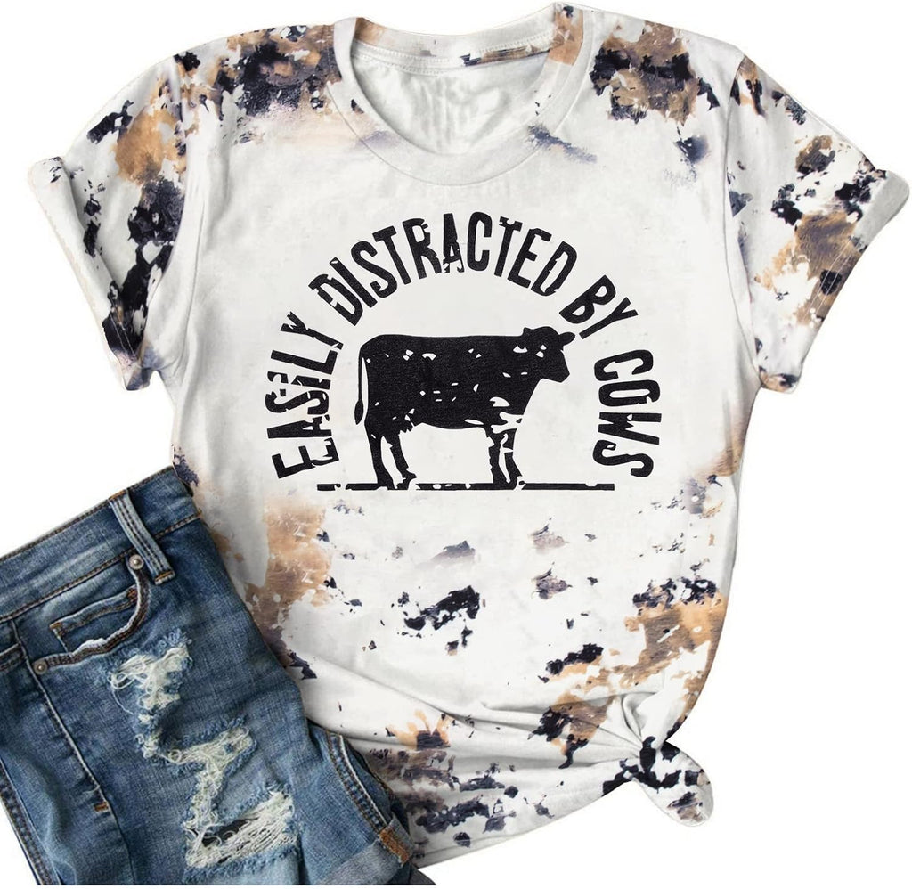 Cow Shirt for Women Farm Tshirts Easily Distracted by Cows Bleached Cow Print Shirt Country Short Sleeve Tops