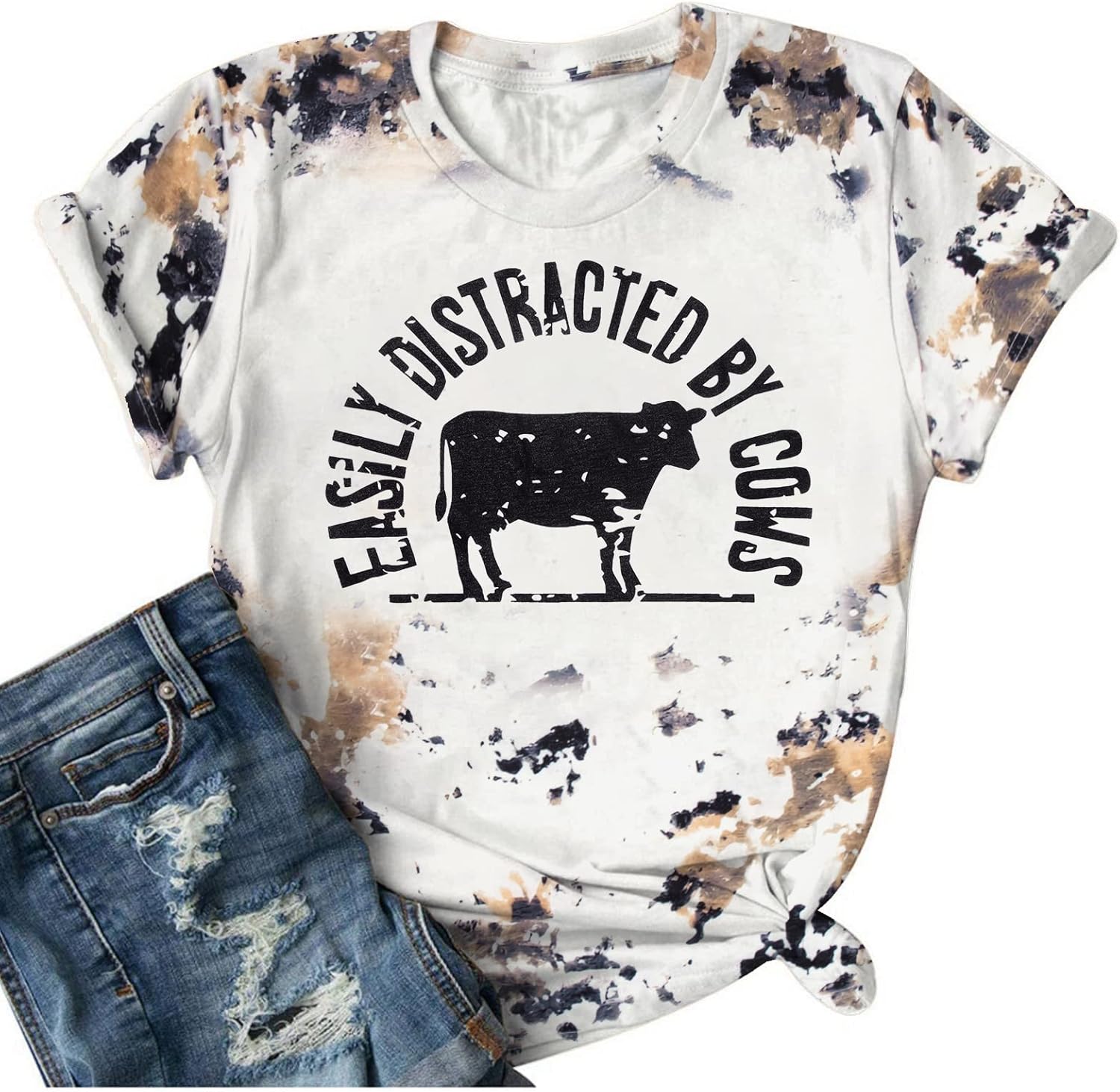 Cow Shirt for Women Farm Tshirts Easily Distracted by Cows Bleached Cow Print Shirt Country Short Sleeve Tops