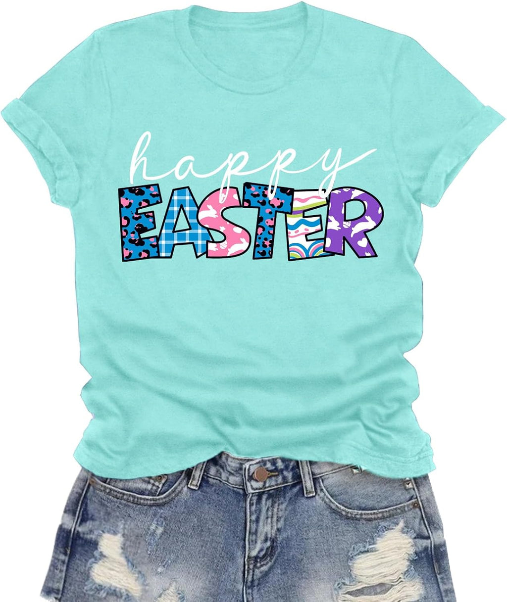 Easter Shirts for Women Happy Easter Day T-Shirt Leopard Plaid Letter Print Tee Tops