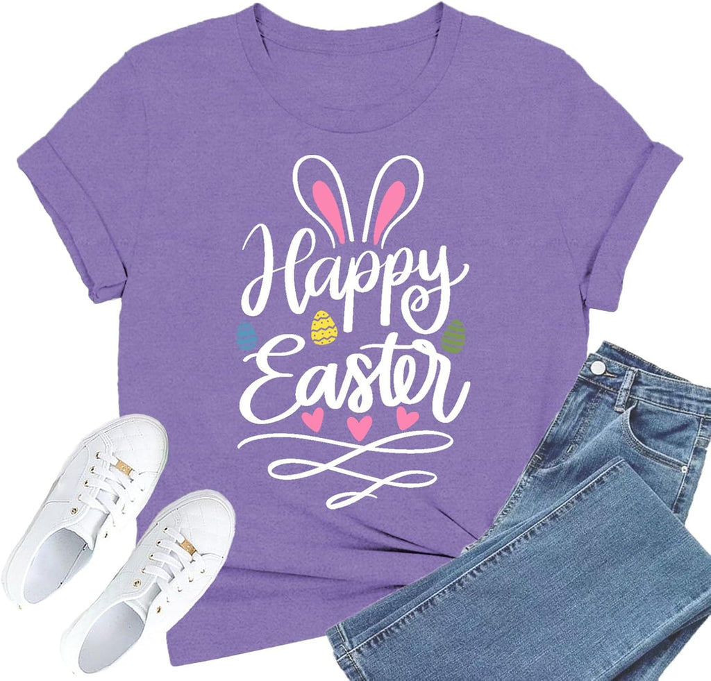 Easter Shirts for Women Happy Easter T-Shirt Rabbit Ear Egg Print Tee Tops