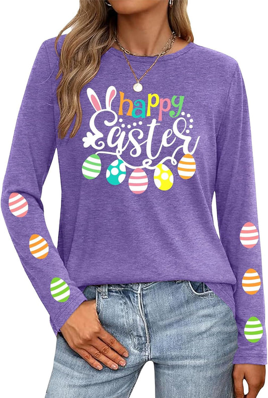 Easter Shirts for Women: Cute Bunny Shirt Funny Rabbit Graphic Tshirt Easter Eggs Holiday Tee Tops