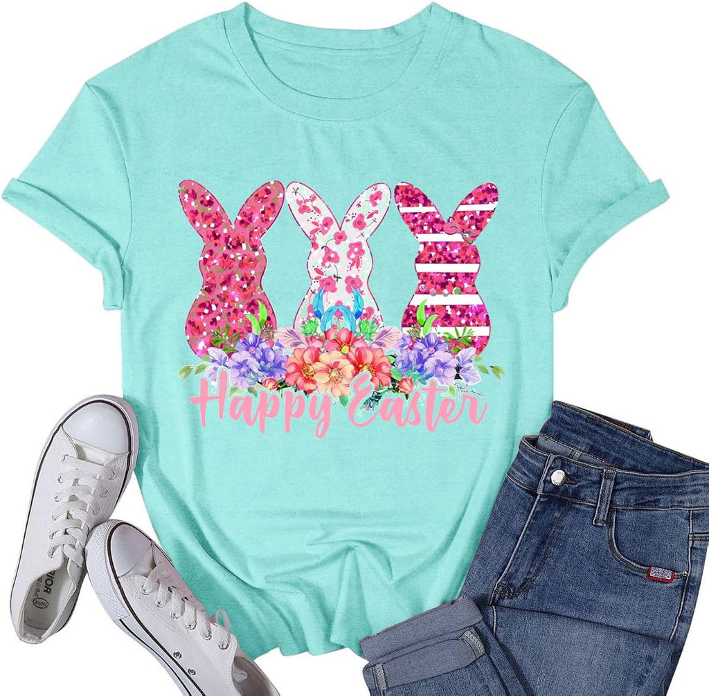 Women's Easter Shirt Happy Easter Bunny T-Shirt Rabbit Jesus Christian Egg Tee Tops