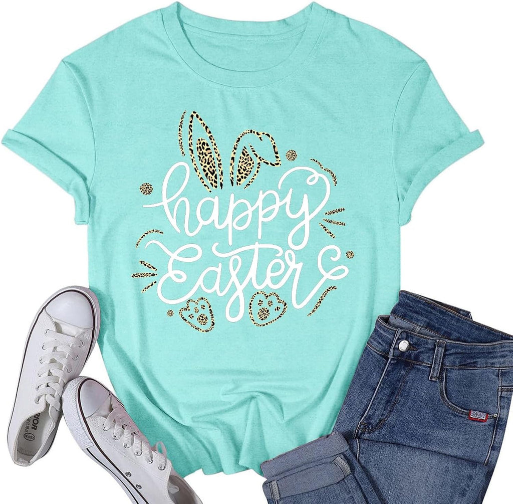 Women's Happy Easter Shirt Leopard Easter Bunny T-Shirt Rabbit Christian Jesus Tee Tops