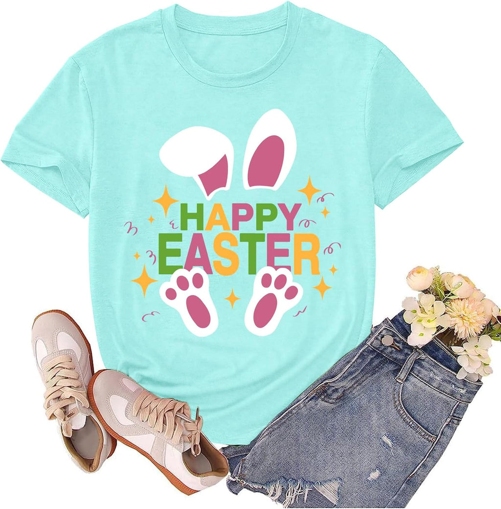 Easter Shirts for Women Happy Easter Egg Rabbit Tshirts Spring Bunny Short Sleeve Tee Tops
