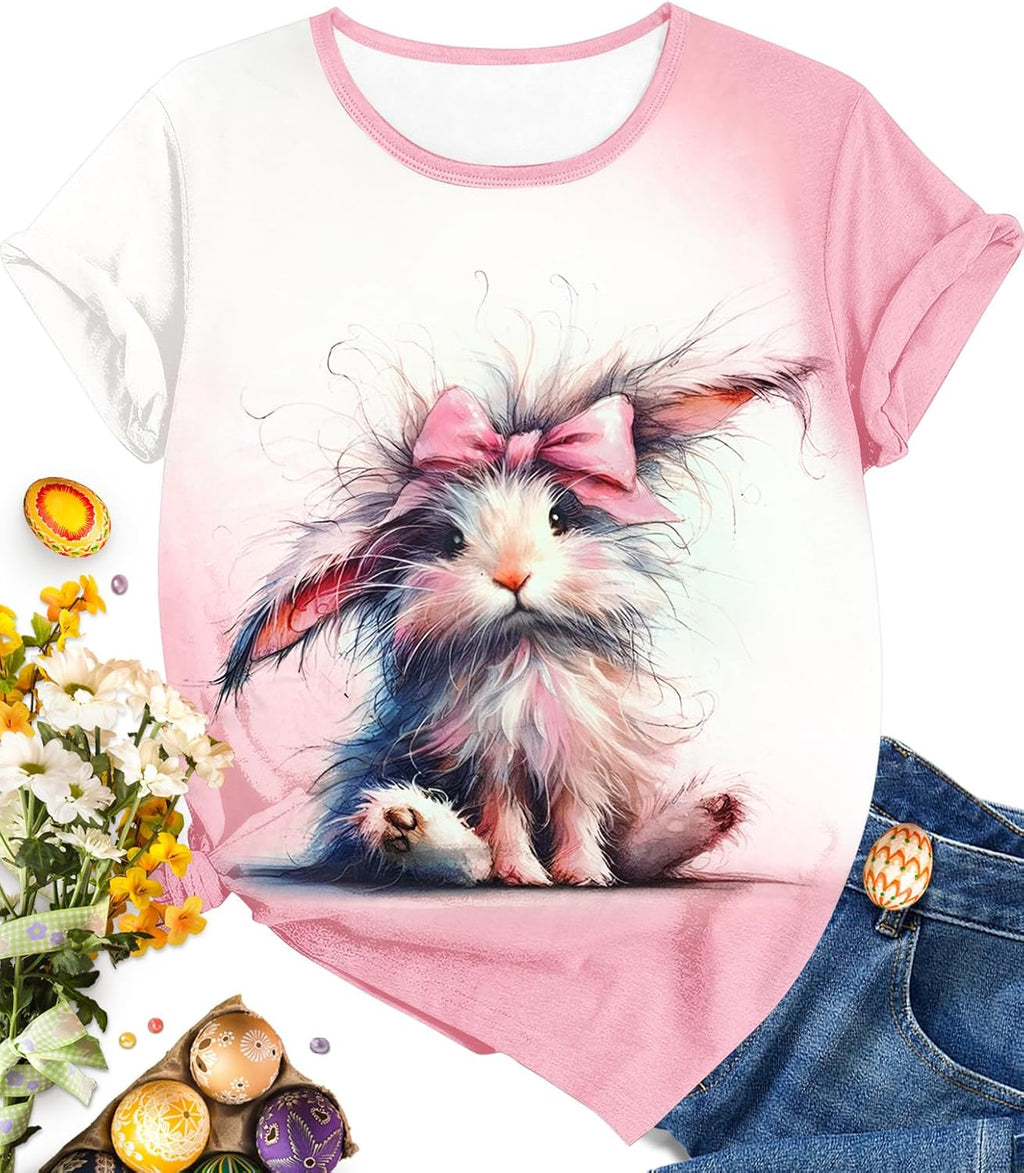 EUOW Easter Bunny Shirt for Women Cute Rabbit Graphic T Shirt Funny Short Sleeve Happy Easter Tee Tops