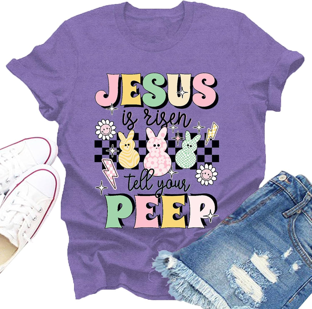 Christian Easter Shirts for Women Easter Day Bunny Tshirt Jesus is Risen Tell Your Tee Tops