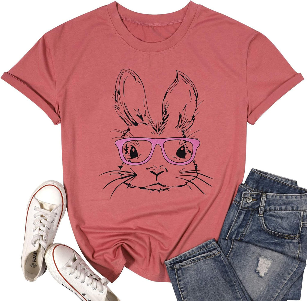 Easter Shirts for Women Bunny Shirts Cute Rabbit Graphic Tee Christian T-Shirt Faith Tee Summer Short Sleeve Shirts