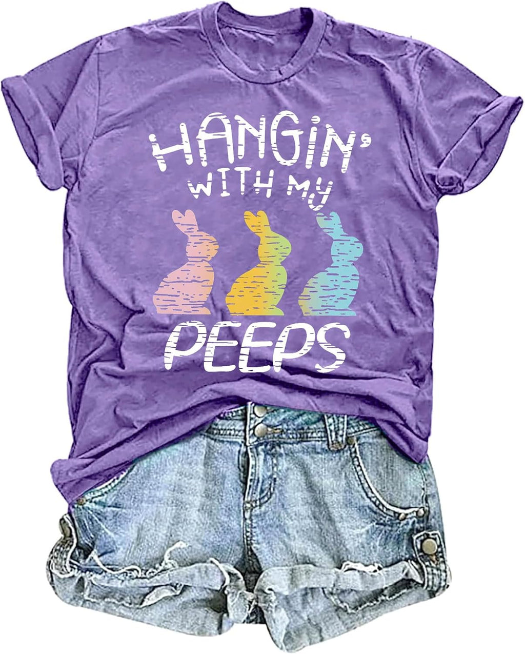 Women Happy Easter Shirts Hanging with My Peeps Bunny Rabbit Graphic T-Shirt Casual Short Sleeve Tops