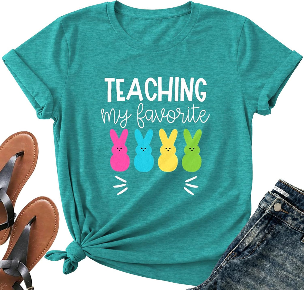 Easter Shirt Women-Cute Easter Teacher Tee Tops Easter Bunny Shirt Teaching My Favorite Peeps Short Sleeves