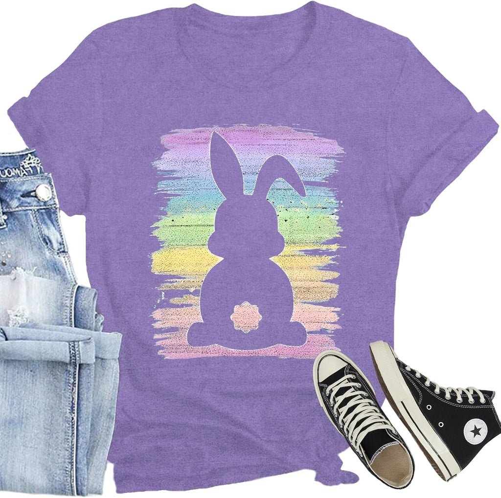Easter Shirts for Women Happy Easter Bunny Print T-Shirt Cute Rabbit Leopard Tee Tops