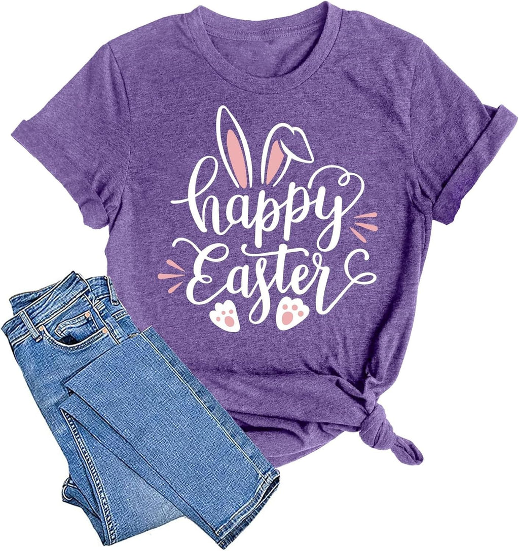 Women Happy Easter T Shirt Bunny Rabbit Graphic T-Shirt Funny Letter Printed Shirts Short Sleeve Tops