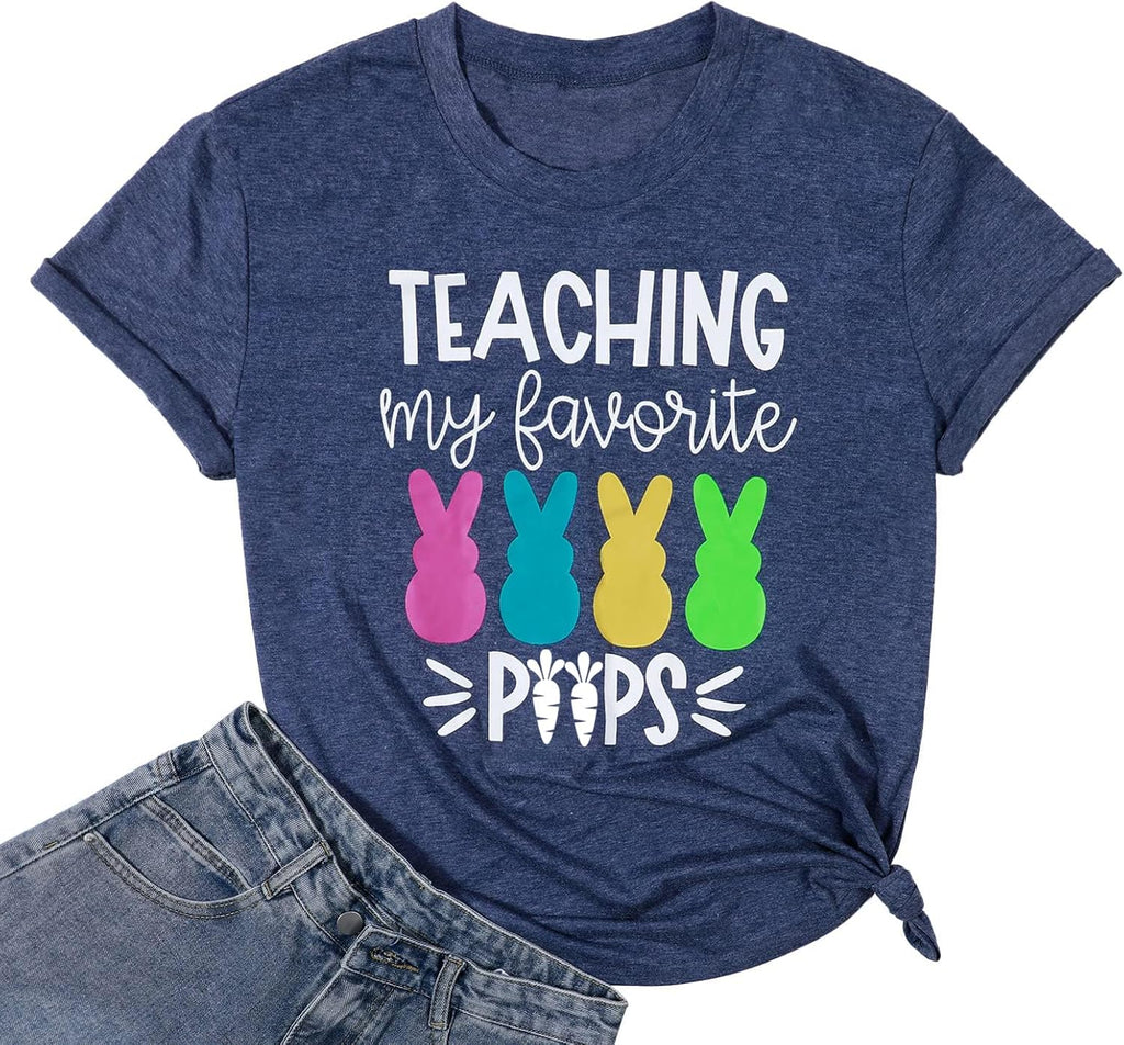 Easter Teacher Shirt Womens Teaching My Favorite Peeps Shirts Funny Rabbit Bunny Graphic Tee Casual Letter Print Tops