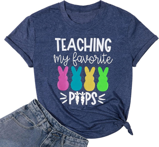 Easter Teacher Shirt Womens Teaching My Favorite Peeps Shirts Funny Rabbit Bunny Graphic Tee Casual Letter Print Tops