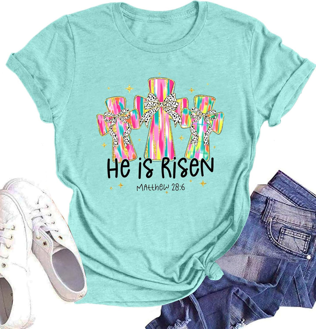 Christian Easter Shirts for Women He is Risen Cross T-Shirt Happy Easter Shirt Jesus Faith Bible Verse Gifts Tee Tops