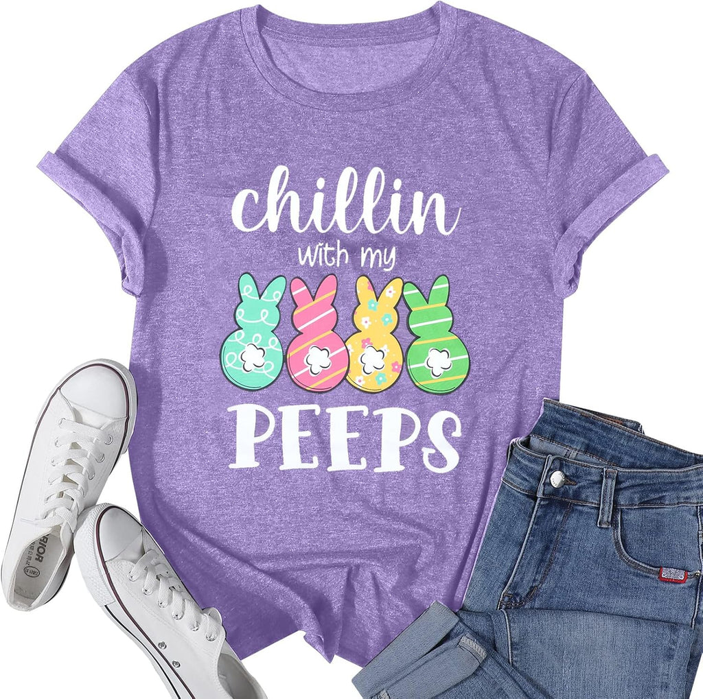 Happy Easter Shirts Women Bunny Shirt: Chillin with My Peeps Tshirt Cute Rabbit Graphic T-Shirt Easter Gift Tops