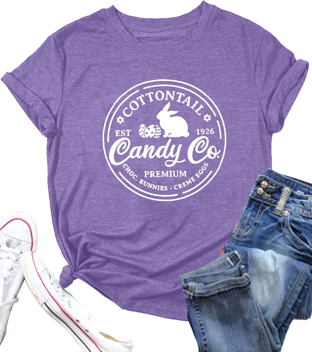 Easter Shirts for Women Cute Cottontail Rabbit Print Tshirt Casual Short Sleeve Bunny Graphic Tee Tops